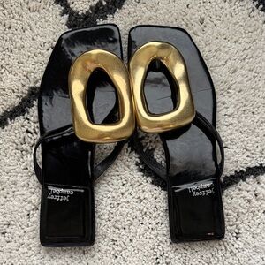 Jeffrey Campbell Black Square-Toe Sandals with Gold Ovals